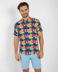 Multicolour Linen Check Men's Short Sleeve Shirt - Claudio Lugli Shirts