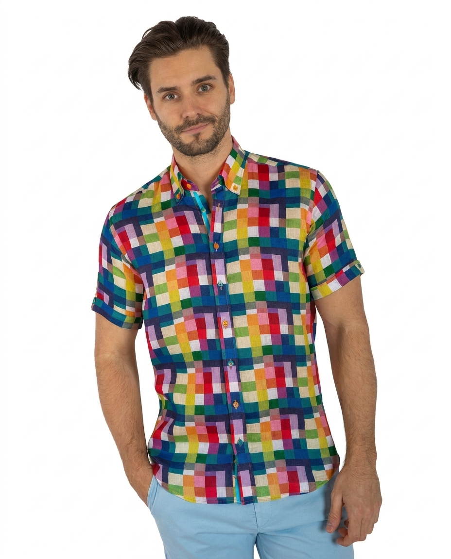 Multicolour Linen Check Men's Short Sleeve Shirt - Claudio Lugli Shirts