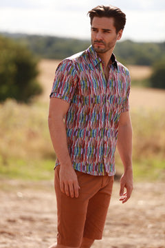 MULTICOLOUR SQUIGGLE LINEN MEN SHORT SLEEVE – Premium Men's Patterned Shirt by Claudio Lugli | Bold Design, Tailored Fit, Best Printed Shirts
