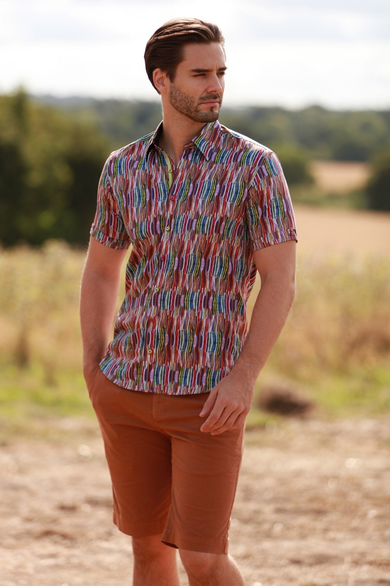 MULTICOLOUR SQUIGGLE LINEN MEN SHORT SLEEVE – Premium Men's Patterned Shirt by Claudio Lugli | Bold Design, Tailored Fit, Best Printed Shirts