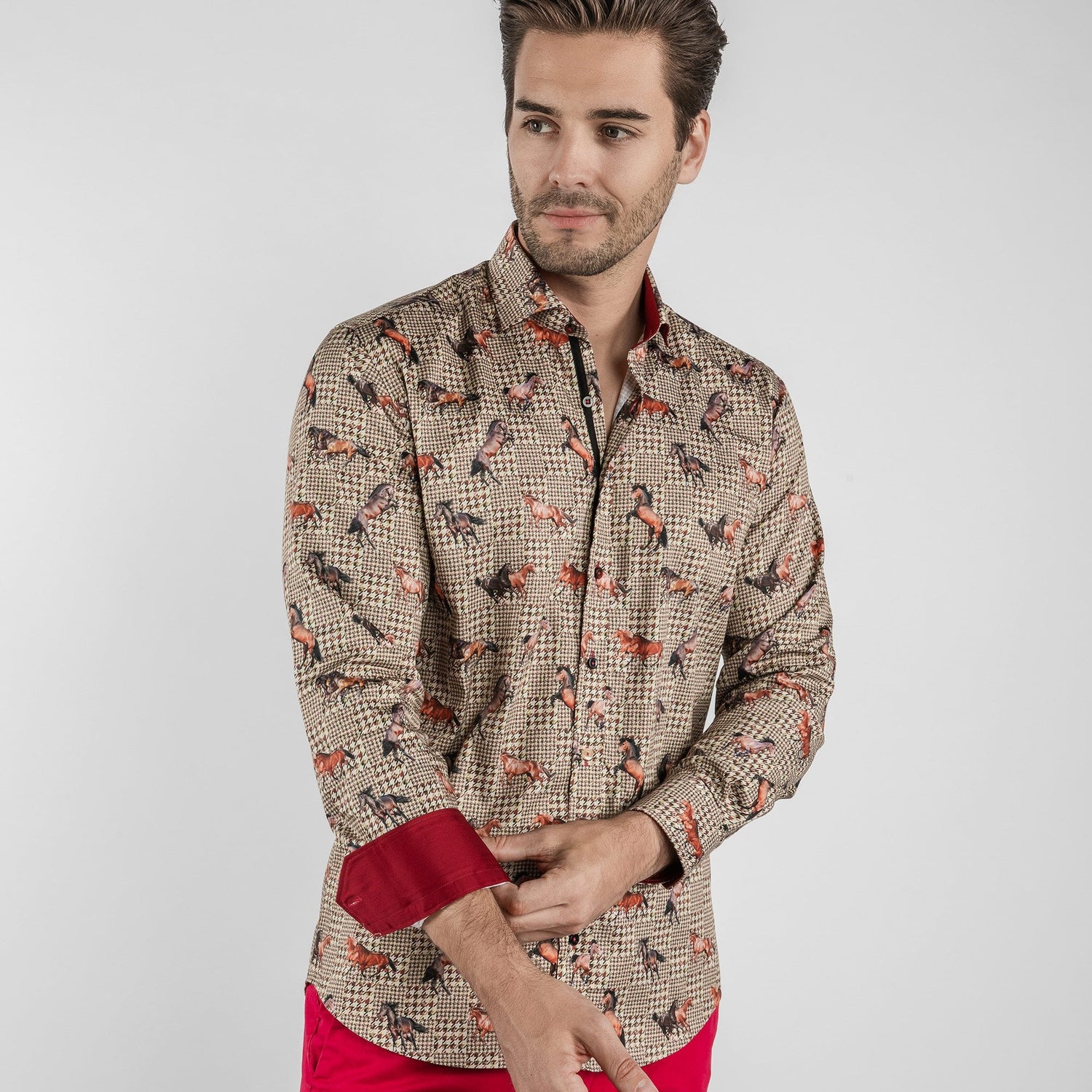 MUSTANG HORSES CHECK HOUNDSTOOTH PRINT SHIRT - Premium Men's Patterned Shirt by Claudio Lugli | Bold Design, Tailored Fit, Best Printed Shirts