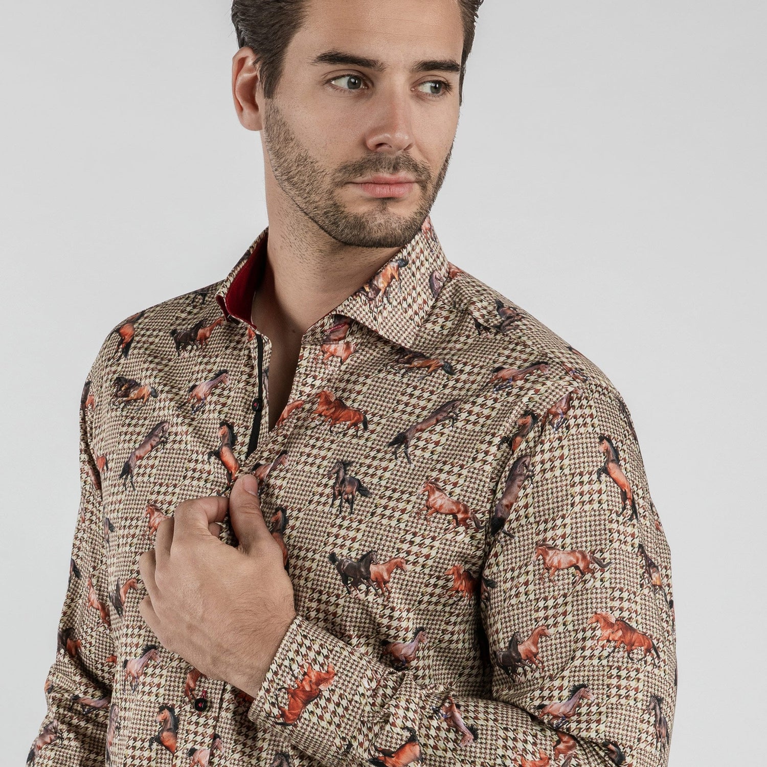MUSTANG HORSES CHECK HOUNDSTOOTH PRINT SHIRT - Premium Men's Patterned Shirt by Claudio Lugli | Bold Design, Tailored Fit, Best Printed Shirts