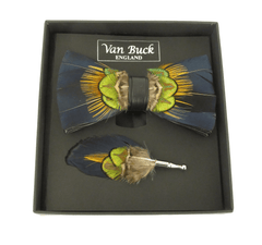 Navy & Gold Feather Bow Tie & Lapel Pin Set - Claudio Lugli Shirts