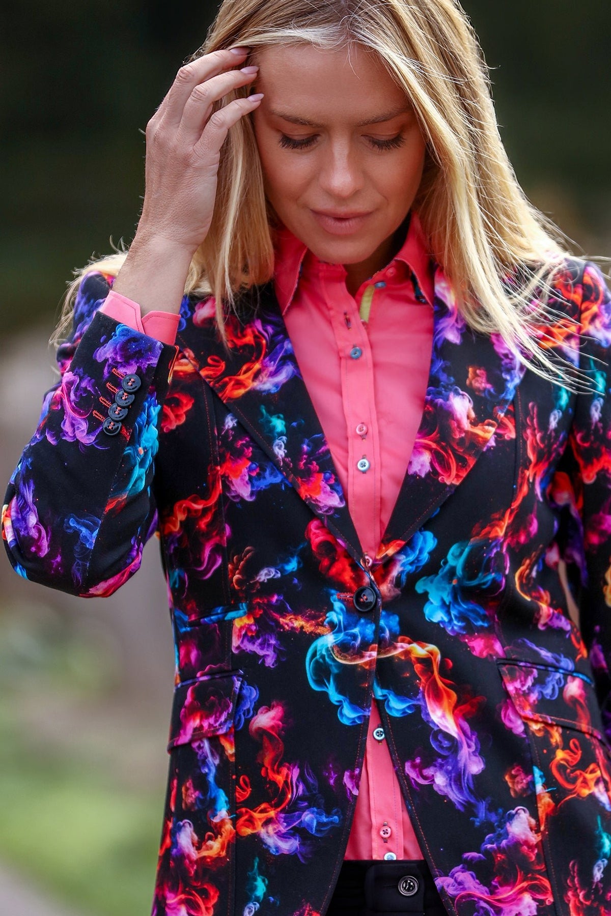 Claudio Lugli Noir Tempest Smoke Print Blazer, front view showing the notch lapels and one-button fastening