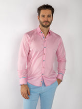 Claudio Lugli Plain Long Sleeve Shirt, pink shirt, front outfit with blue trousers