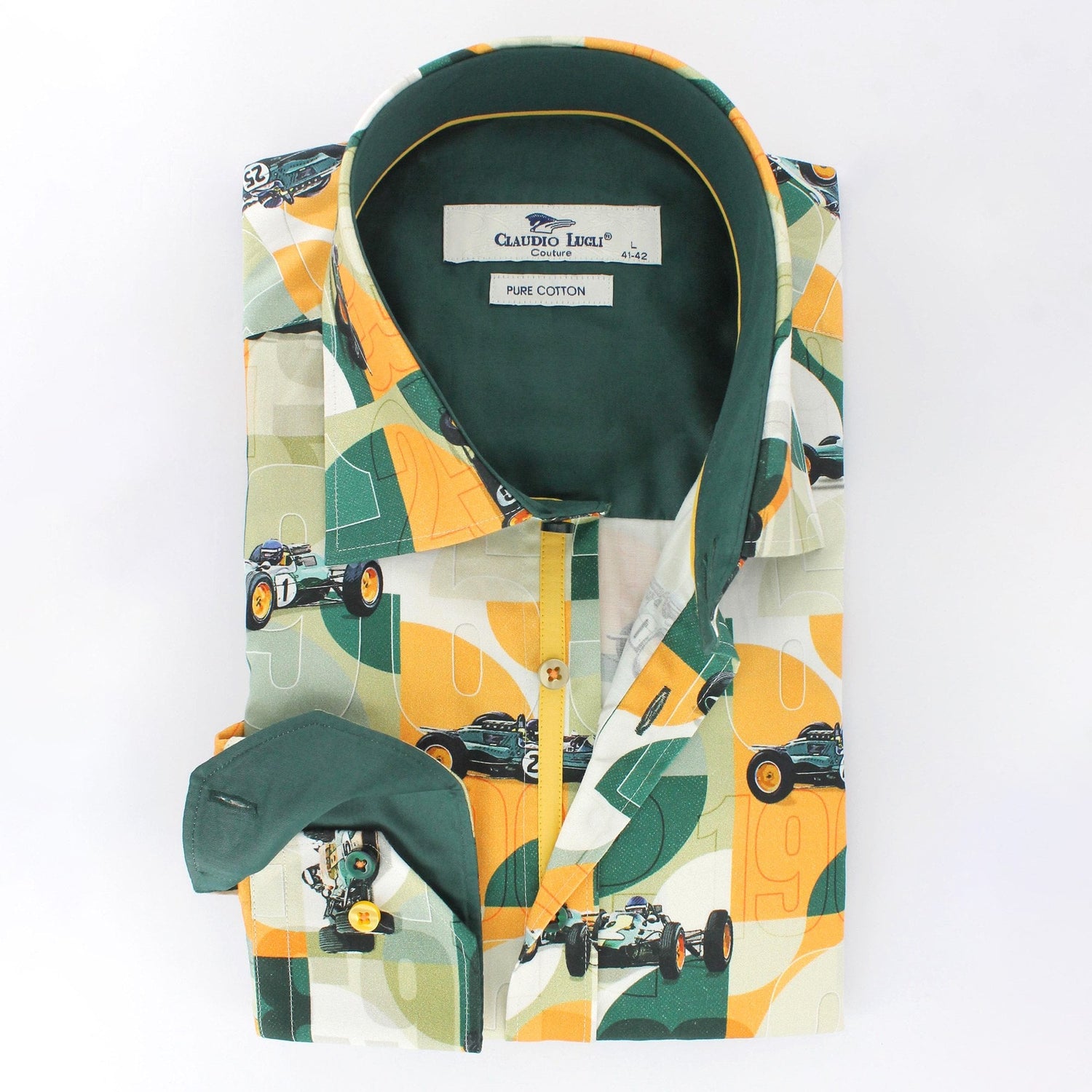 RETRO RACING LEGEND PRINT SHIRT - Premium Men's Patterned Shirt by Claudio Lugli | Bold Design, Tailored Fit, Best Printed Shirts