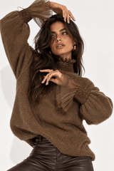Claudio Lugli Ruffled Jumper in chocolate brown, high-neck alpaca-blend jumper with tulle ruffle cuffs, front view
