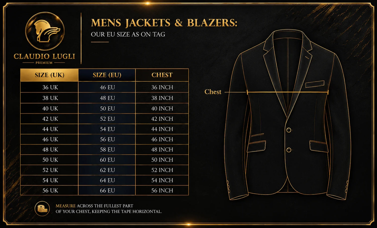 Claudio Lugli men's jacket and blazer size chart
