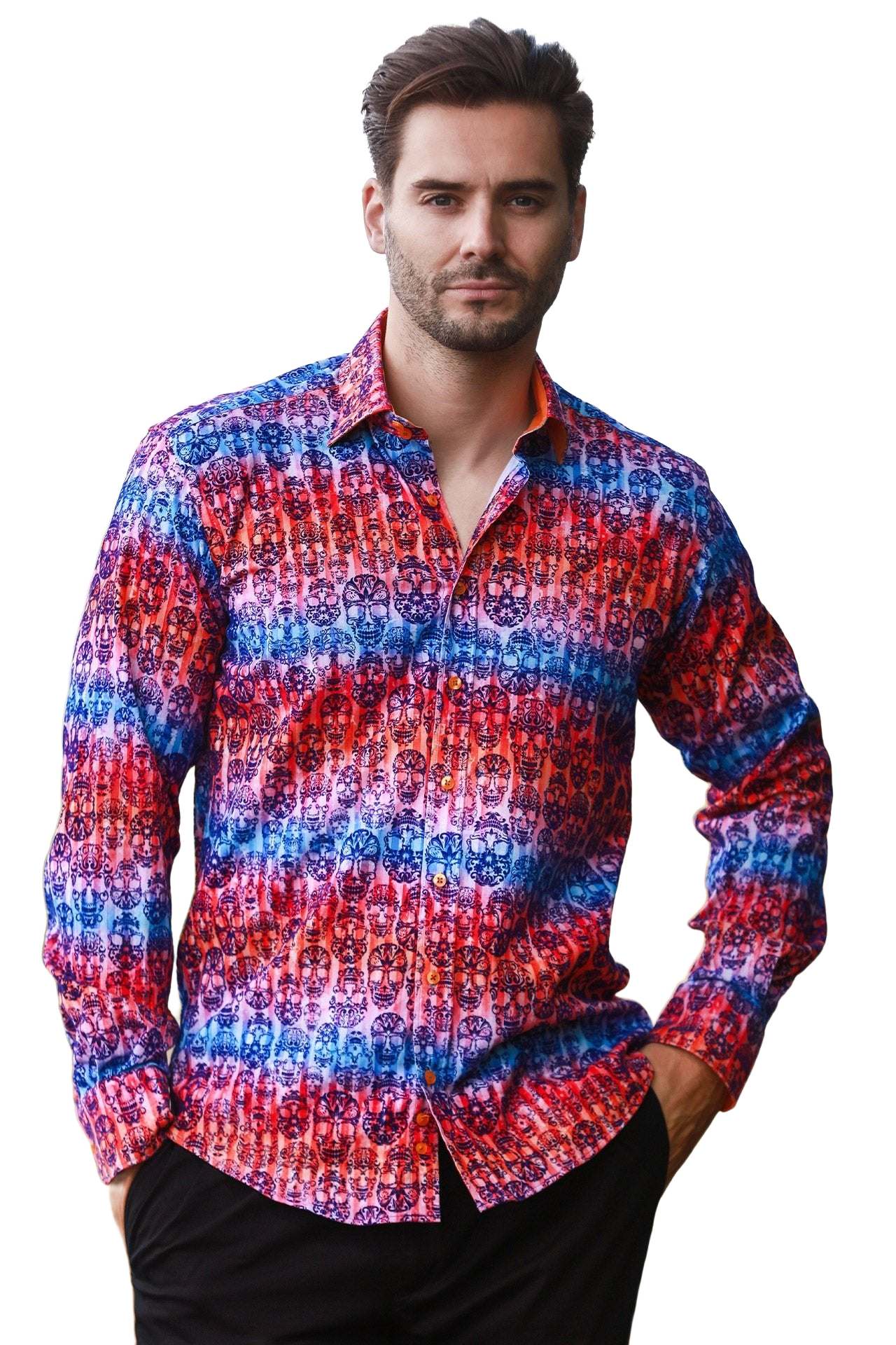 Skull Flocking Shirt with Gradient Tie-Dye Luxury Textured Finish - Claudio Lugli Shirts