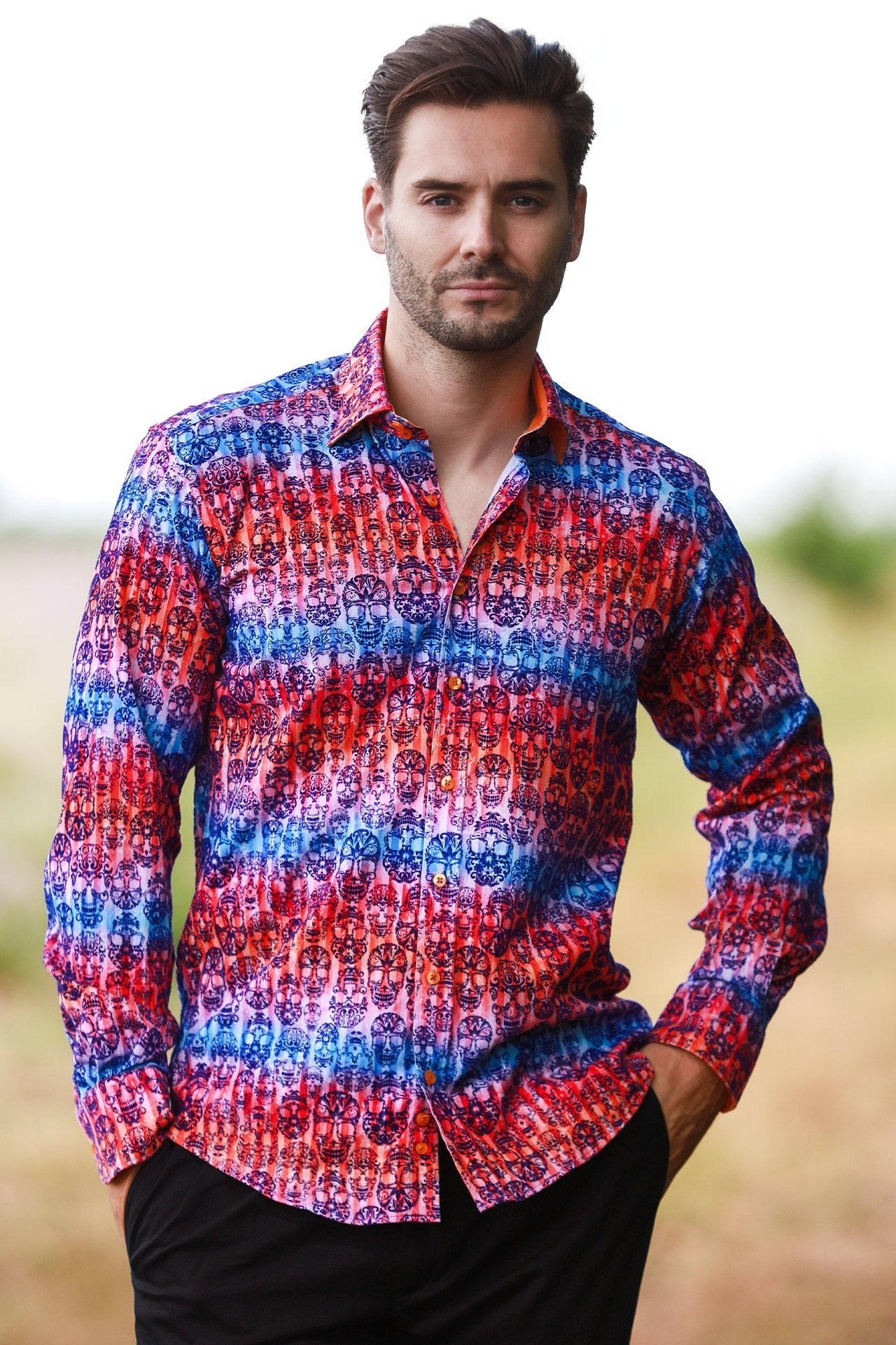 SKULL FLOCKING SHIRT WITH GRADIENT TIE - DYE LUXURY TEXTURED FINISH - Claudio Lugli Shirts
