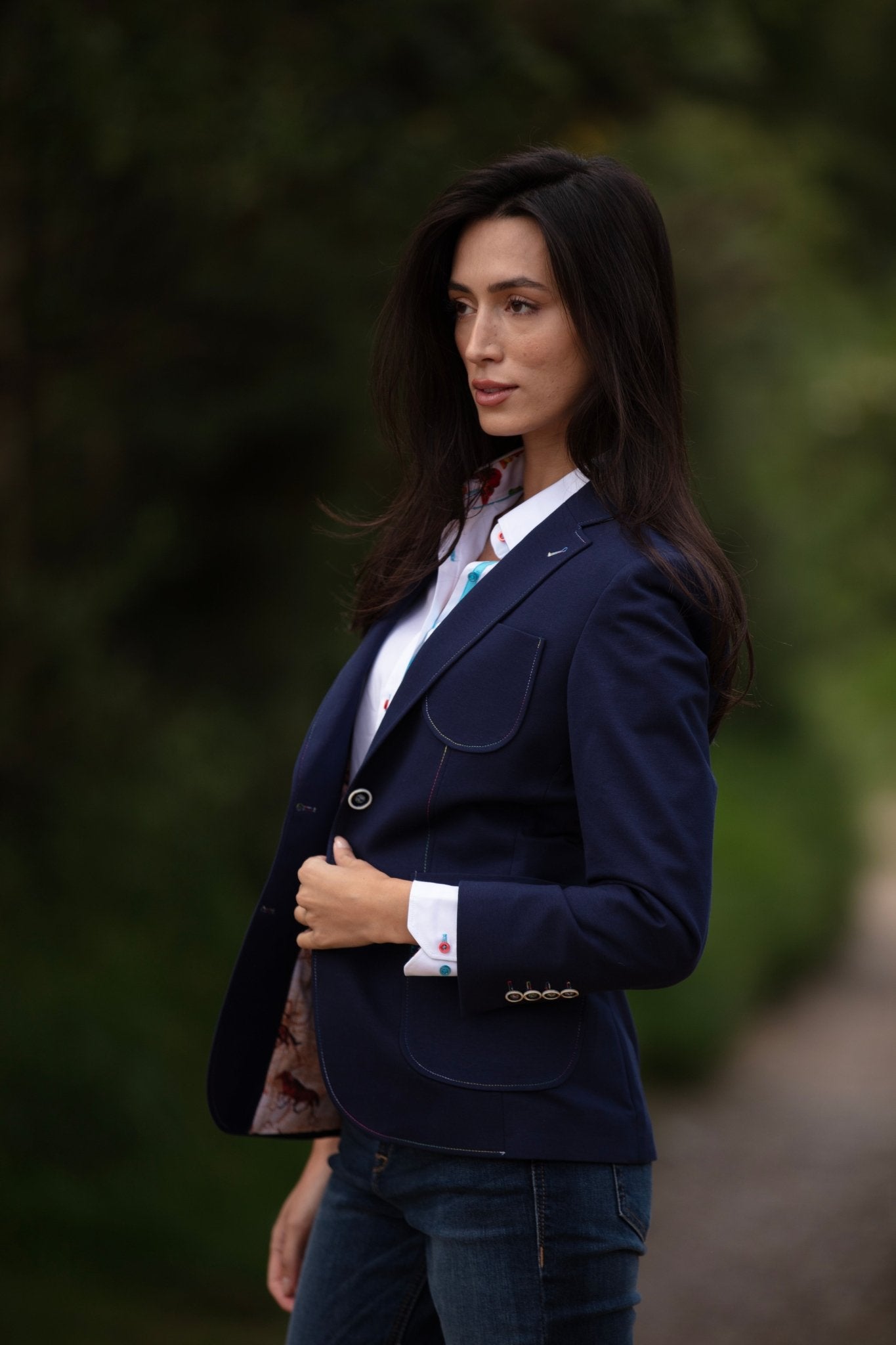 STRETCH COTTON LYCRA WOMENS JACKET WITH MULTICOLOUR STITCHING - Premium Men's Patterned Shirt by Claudio Lugli | Bold Design, Tailored Fit, Best Printed Shirts