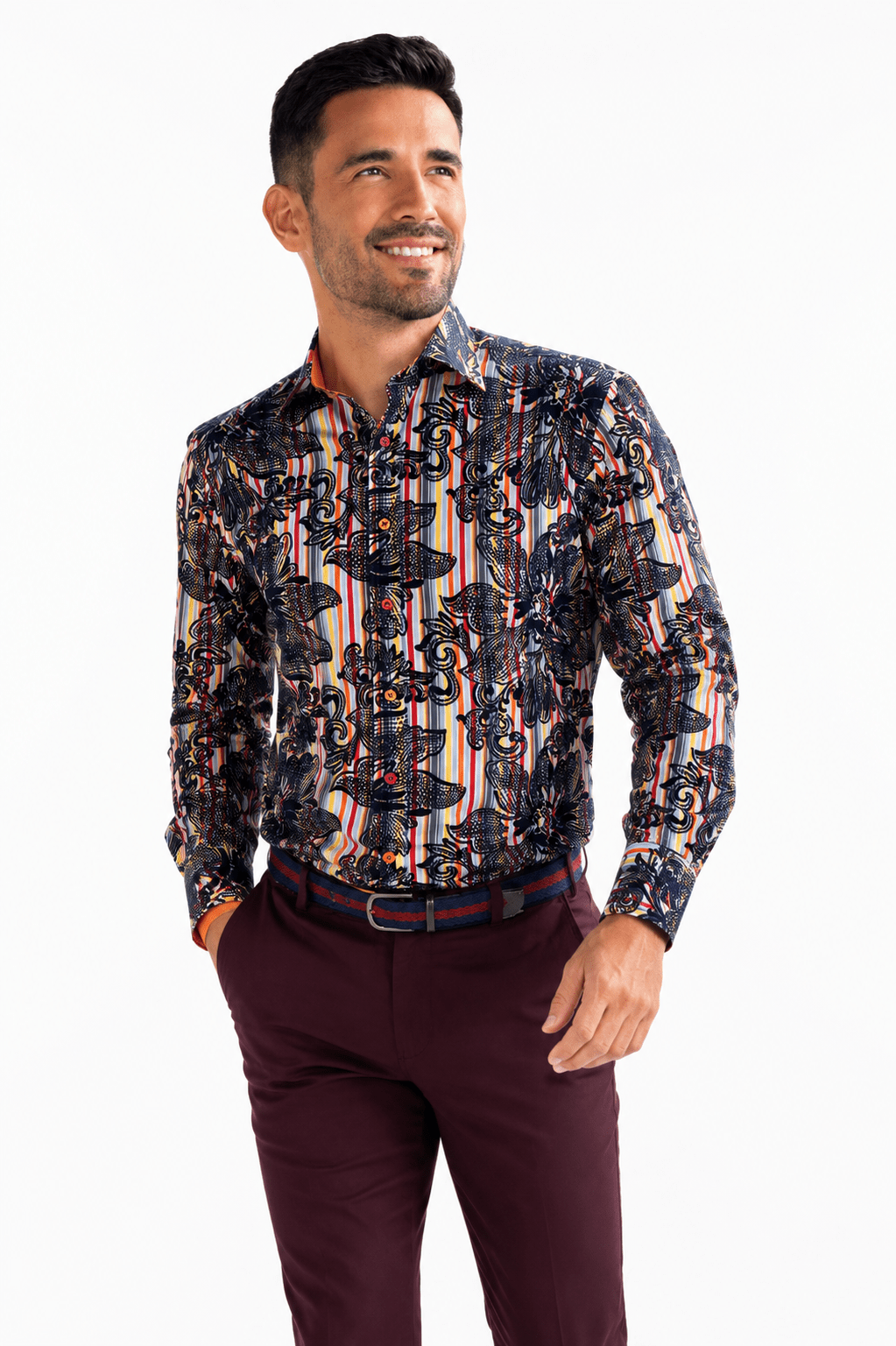 STRIPE FLOCKING FLORAL SHIRT WITH LUXURY TEXTURED FINISH - Claudio Lugli Shirts