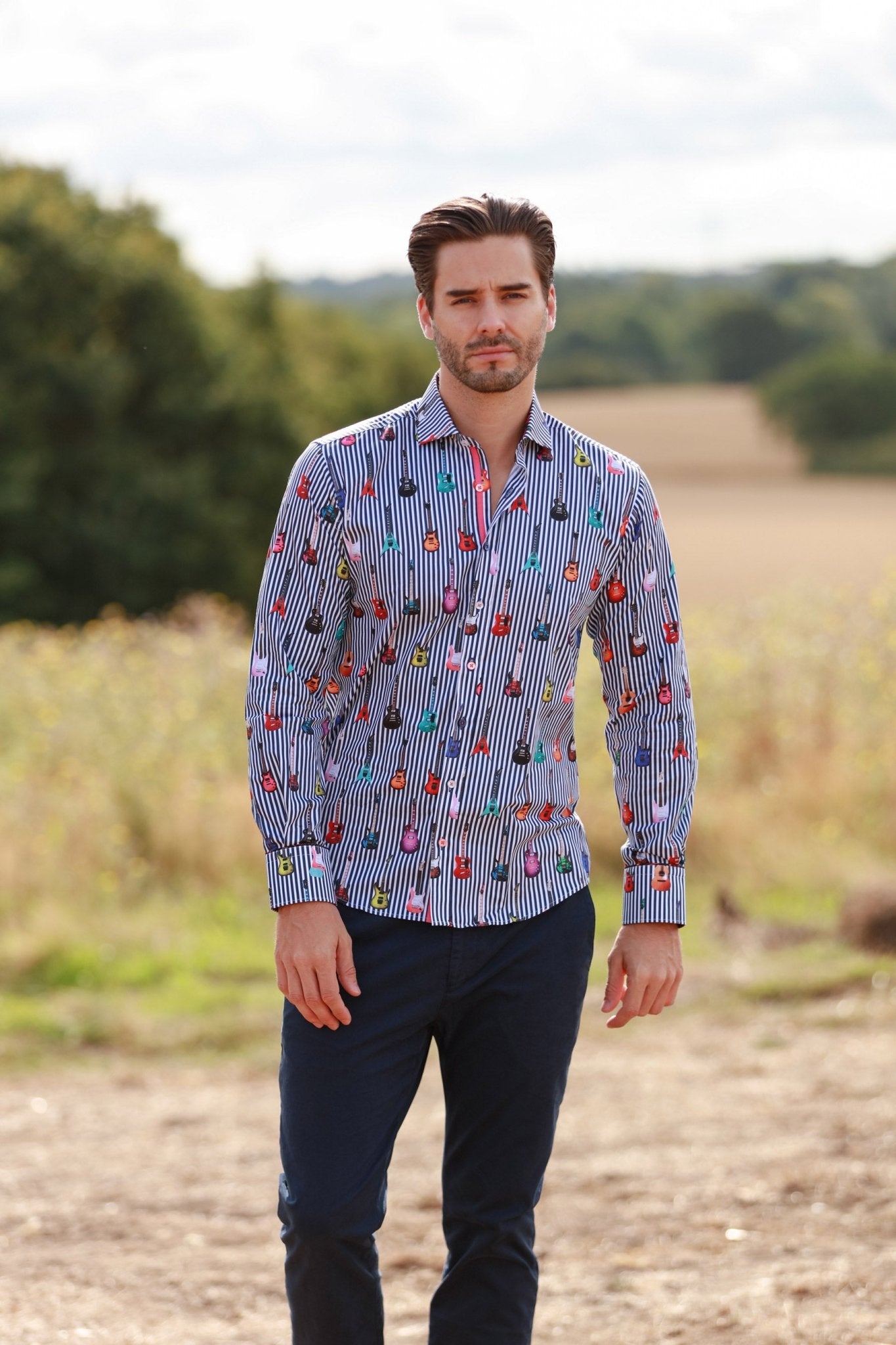 STRIPE GUITAR MEN PRINT SHIRT - Premium Men's Patterned Shirt by Claudio Lugli | Bold Design, Tailored Fit, Best Printed Shirts