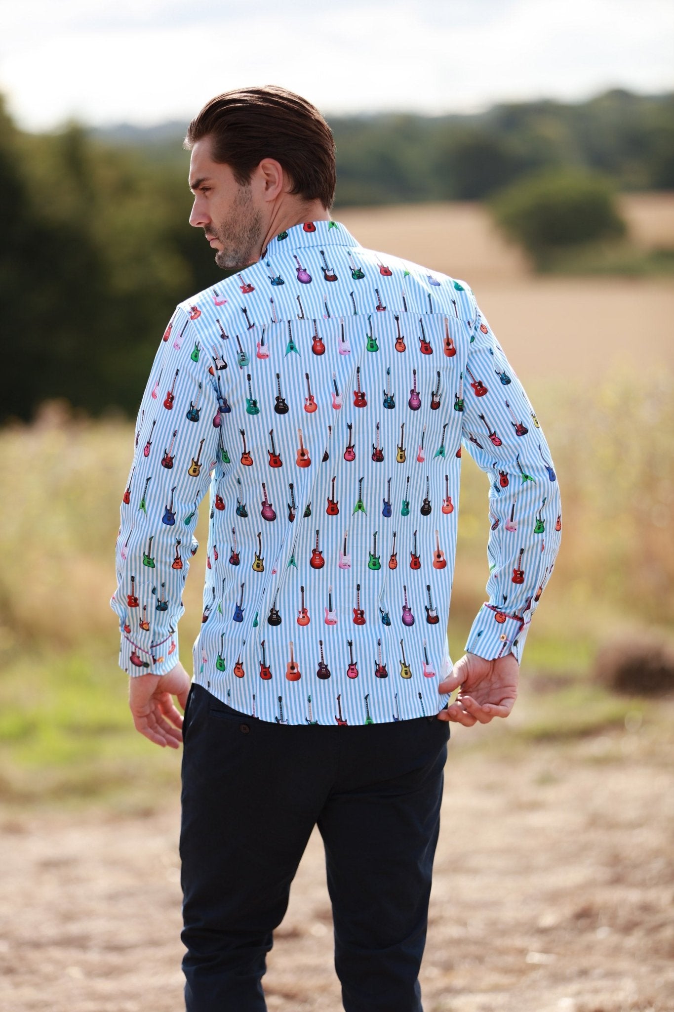 STRIPE GUITAR MEN PRINT SHIRT - Premium Men's Patterned Shirt by Claudio Lugli | Bold Design, Tailored Fit, Best Printed Shirts