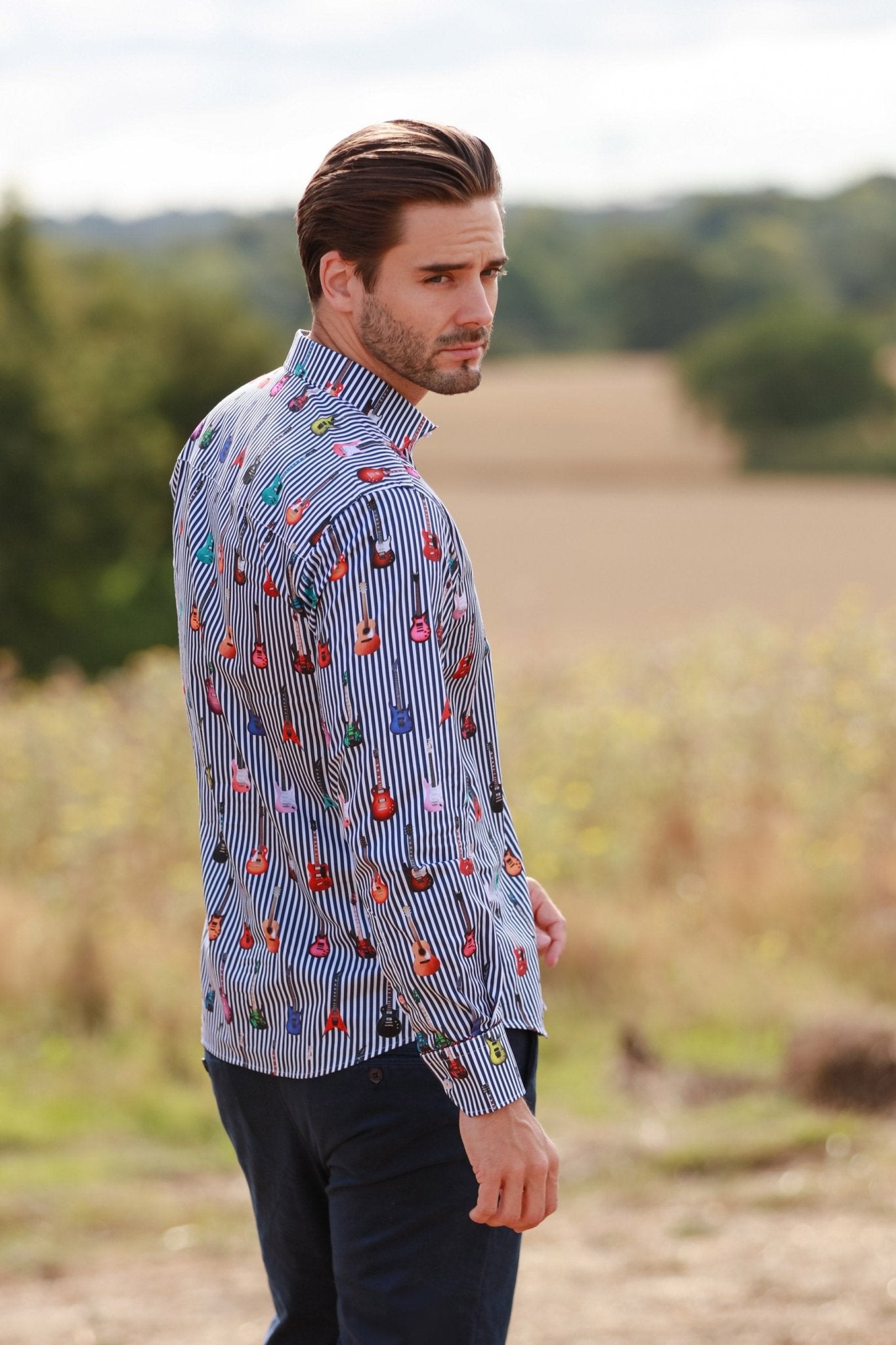 STRIPE GUITAR MEN PRINT SHIRT - Premium Men's Patterned Shirt by Claudio Lugli | Bold Design, Tailored Fit, Best Printed Shirts
