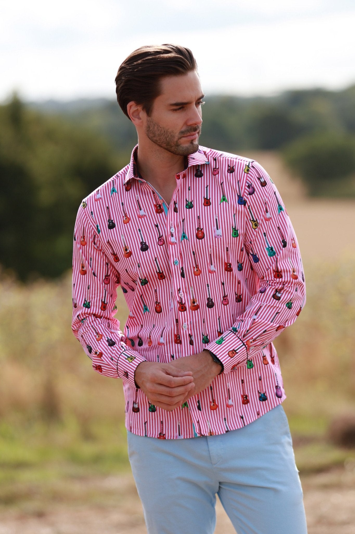 STRIPE GUITAR MEN PRINT SHIRT - Premium Men's Patterned Shirt by Claudio Lugli | Bold Design, Tailored Fit, Best Printed Shirts