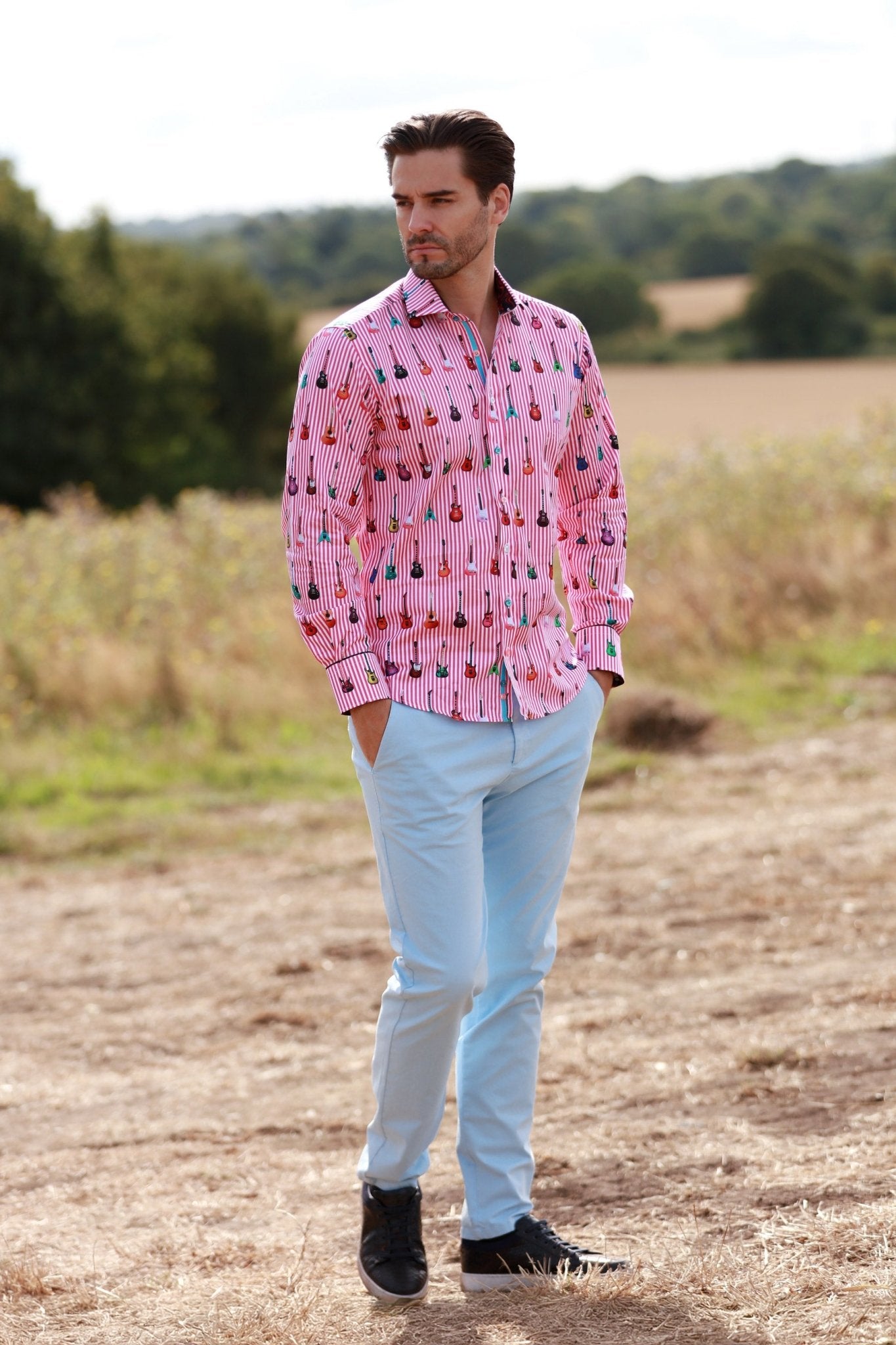 STRIPE GUITAR MEN PRINT SHIRT - Premium Men's Patterned Shirt by Claudio Lugli | Bold Design, Tailored Fit, Best Printed Shirts