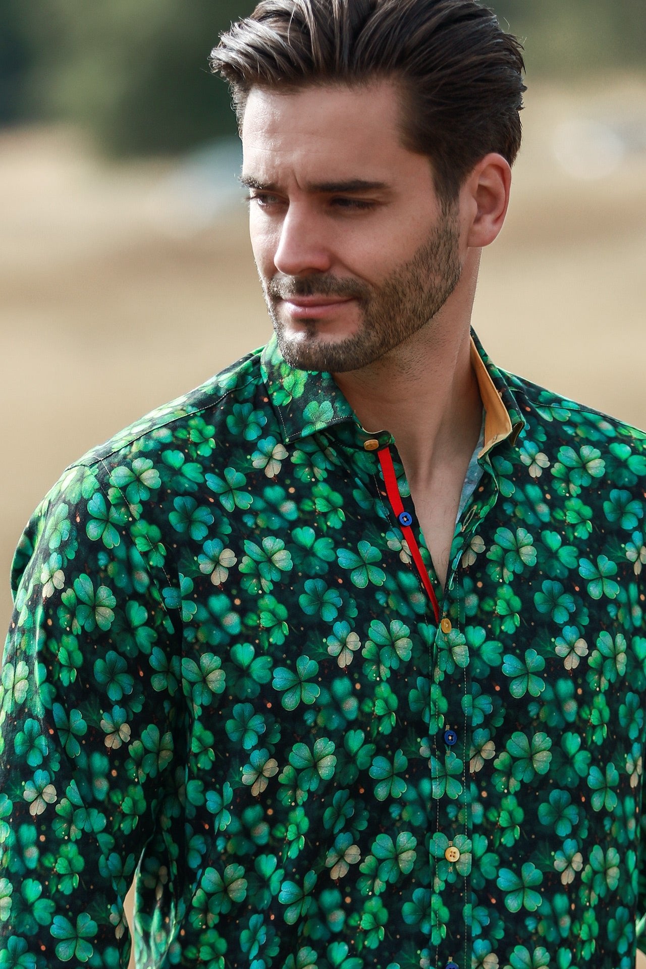 TENCEL FOUR LEAF CLOVER EMERALD PRINT SHIRT - Claudio Lugli Shirts