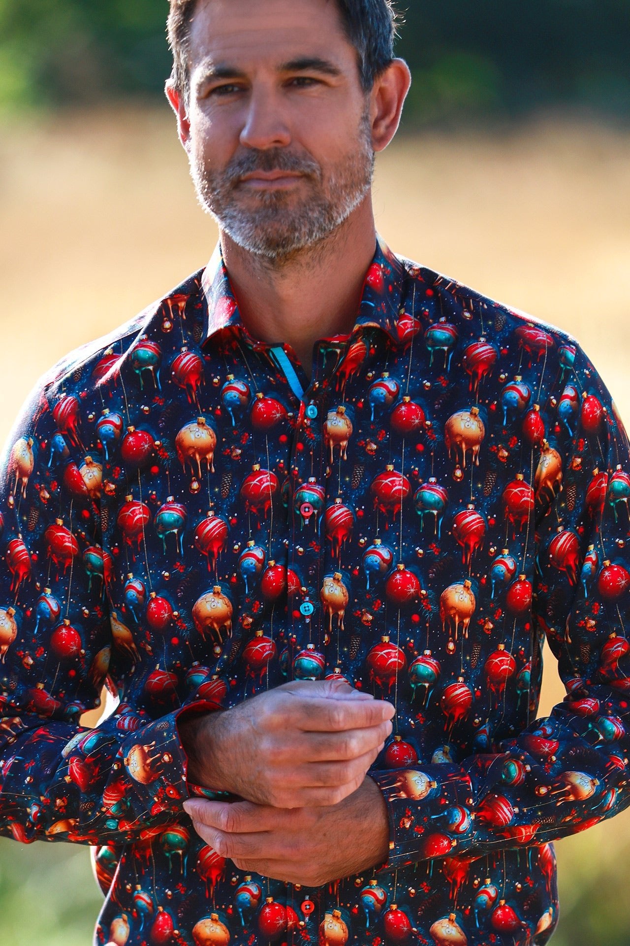 TENCEL XMAS DECORATION NAVY PRINT SHIRT - Claudio Lugli Shirts