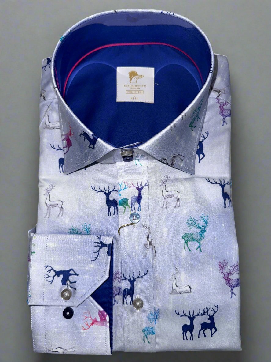 TENCEL XMAS REINDEER PRINT SHIRT - Claudio Lugli Shirts