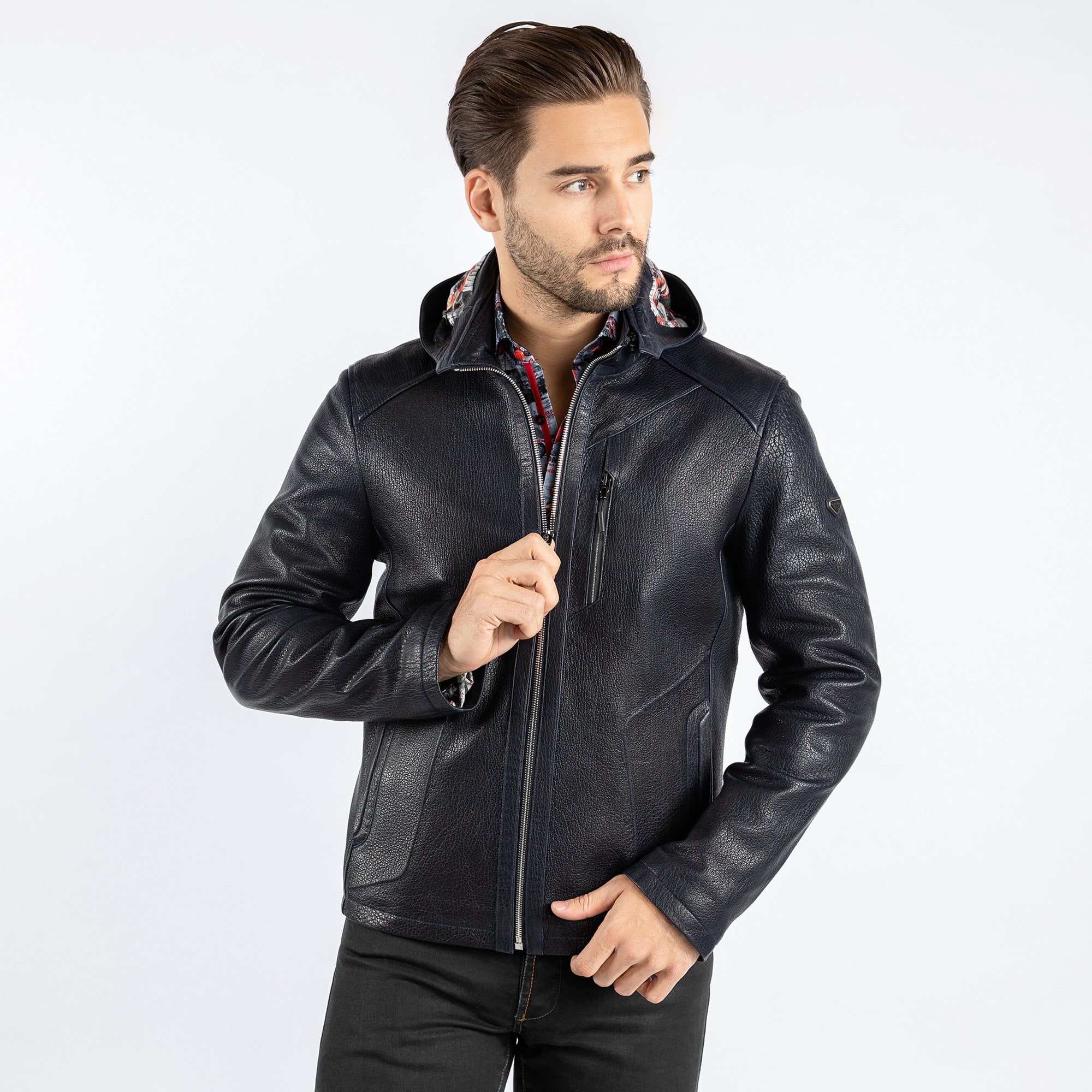 LAST NEST lethar zip foodie Leather Hoodie zip-up - Black