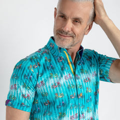 TIE DIE STRIPE WITH BICYCLES PRINT SHORT SLEEVE SHIRT - Premium Men's Patterned Shirt by Claudio Lugli | Bold Design, Tailored Fit, Best Printed Shirts