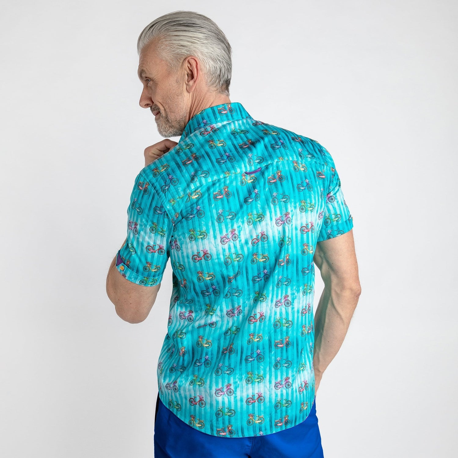 TIE DIE STRIPE WITH BICYCLES PRINT SHORT SLEEVE SHIRT - Premium Men's Patterned Shirt by Claudio Lugli | Bold Design, Tailored Fit, Best Printed Shirts
