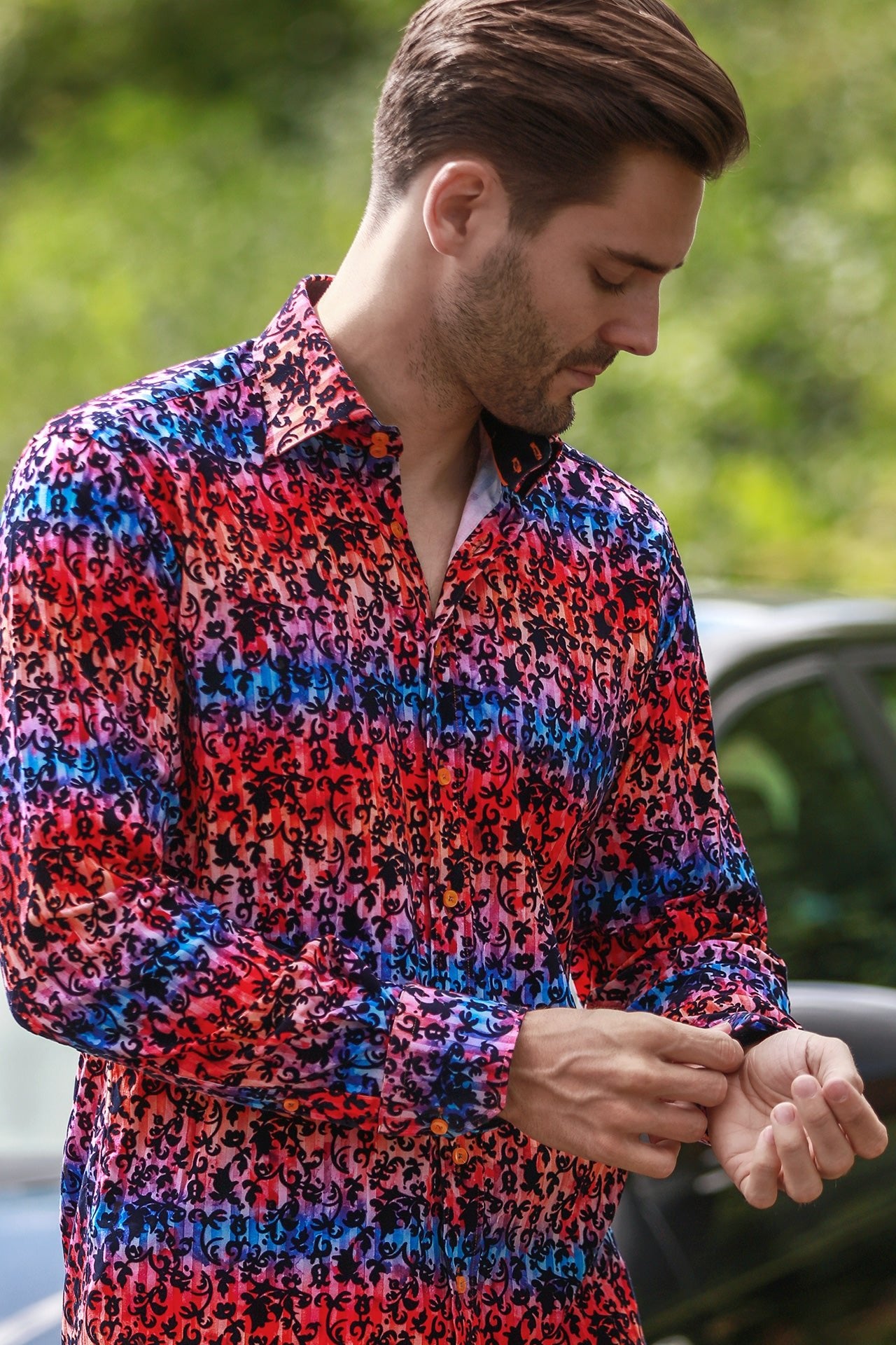 TIE - DYE FLORAL FLOCKING SHIRT WITH LUXURY TEXTURED FINISH - Claudio Lugli Shirts