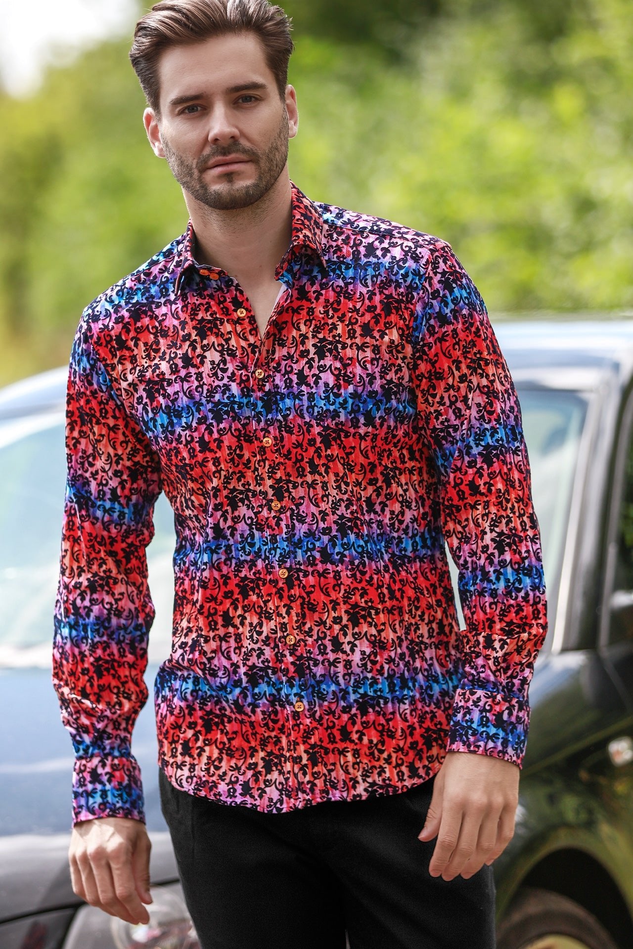 TIE - DYE FLORAL FLOCKING SHIRT WITH LUXURY TEXTURED FINISH - Claudio Lugli Shirts
