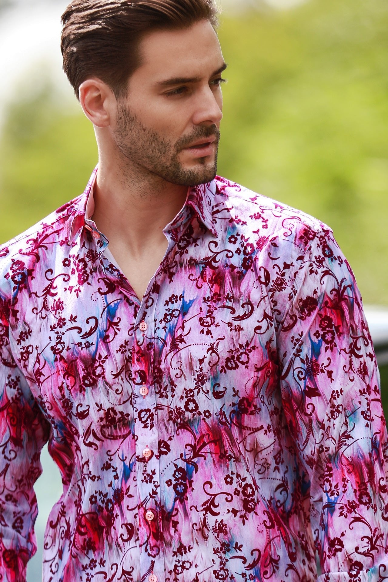 TIE - DYE FLORAL FLOCKING SHIRT WITH LUXURY TEXTURED FINISH - Claudio Lugli Shirts