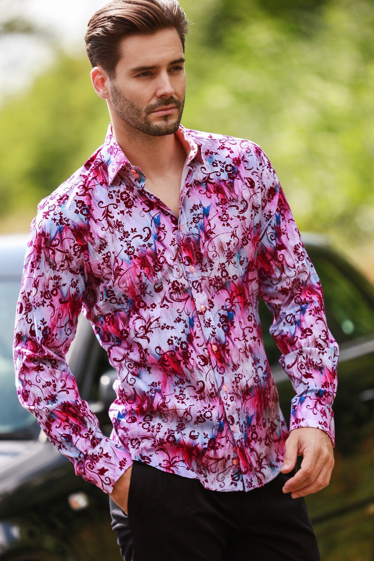 TIE - DYE FLORAL FLOCKING SHIRT WITH LUXURY TEXTURED FINISH - Claudio Lugli Shirts