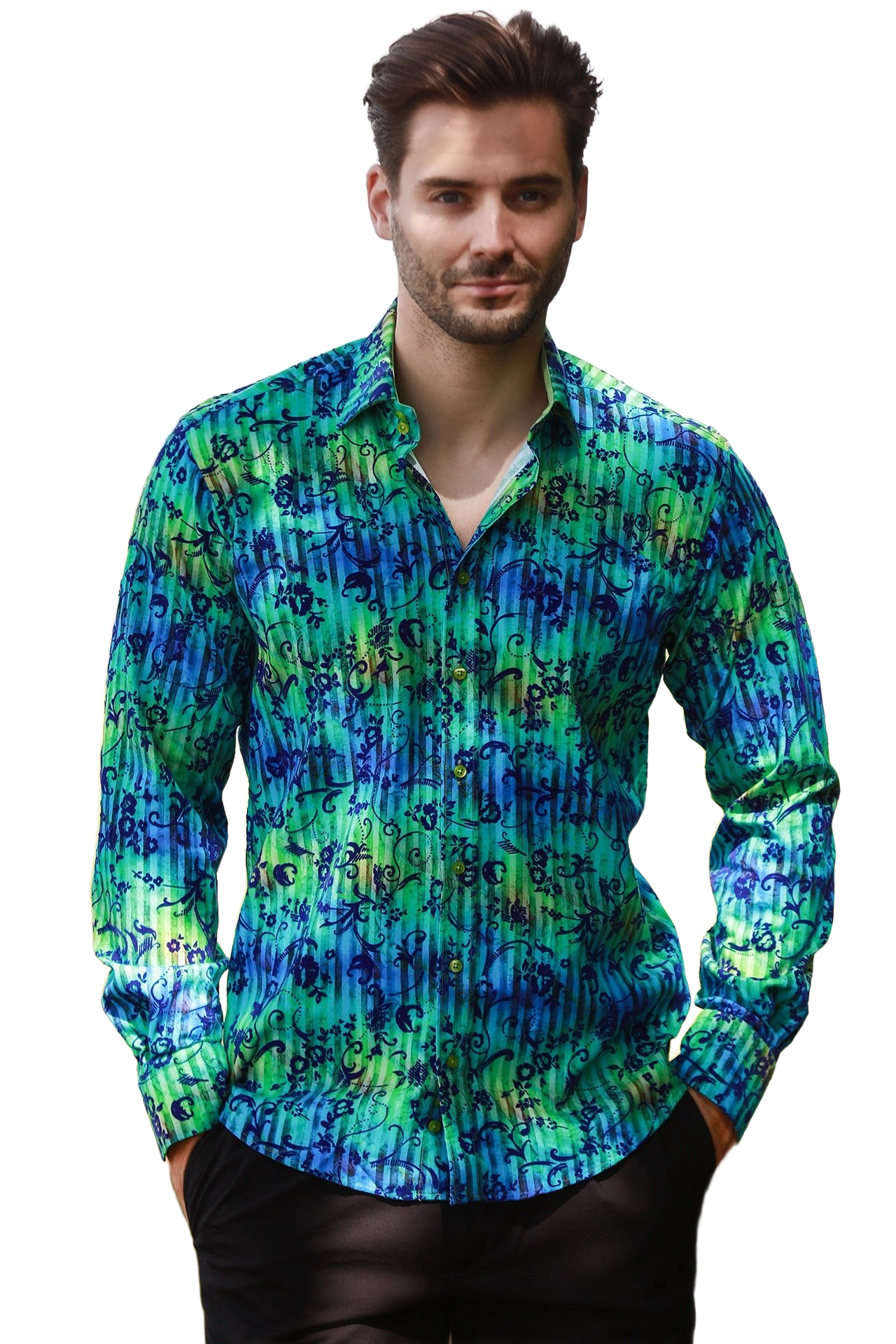Tie-Dye Floral Flocking Shirt with Luxury Textured Finish on Green - Claudio Lugli Shirts
