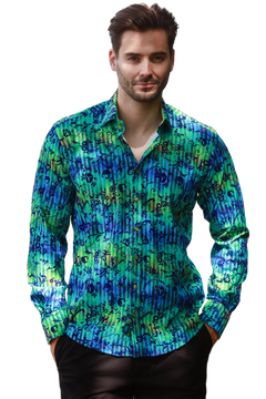 Tie-Dye Floral Flocking Shirt with Luxury Textured Finish on Green - Claudio Lugli Shirts