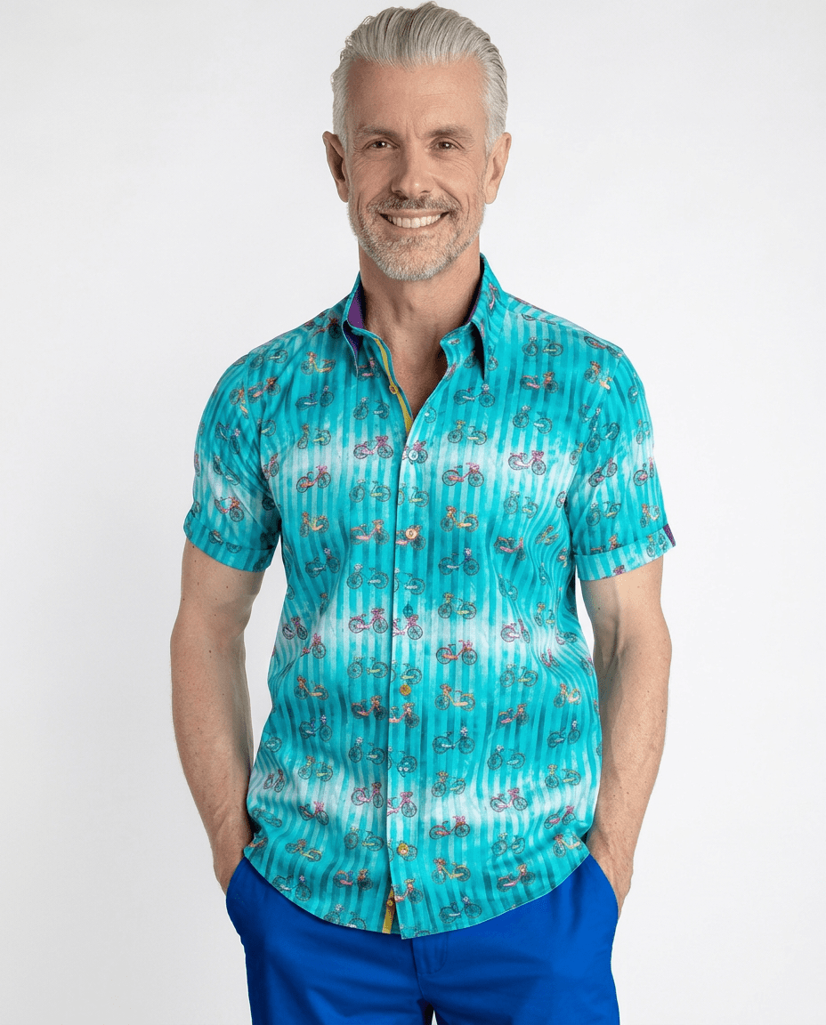 Tie Dye Stripe with Bicycles Short Sleeve Shirt - Claudio Lugli Shirts