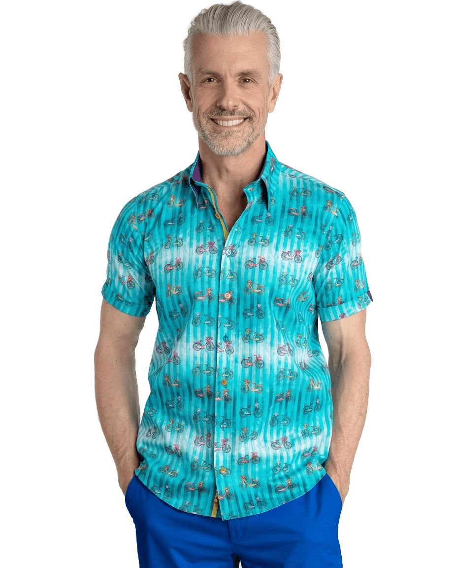 Tie Dye Stripe with Bicycles Short Sleeve Shirt - Claudio Lugli Shirts