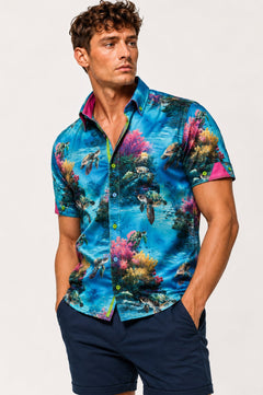 Tropical Reef Turtle Print Short Sleeve Shirt - Claudio Lugli Shirts