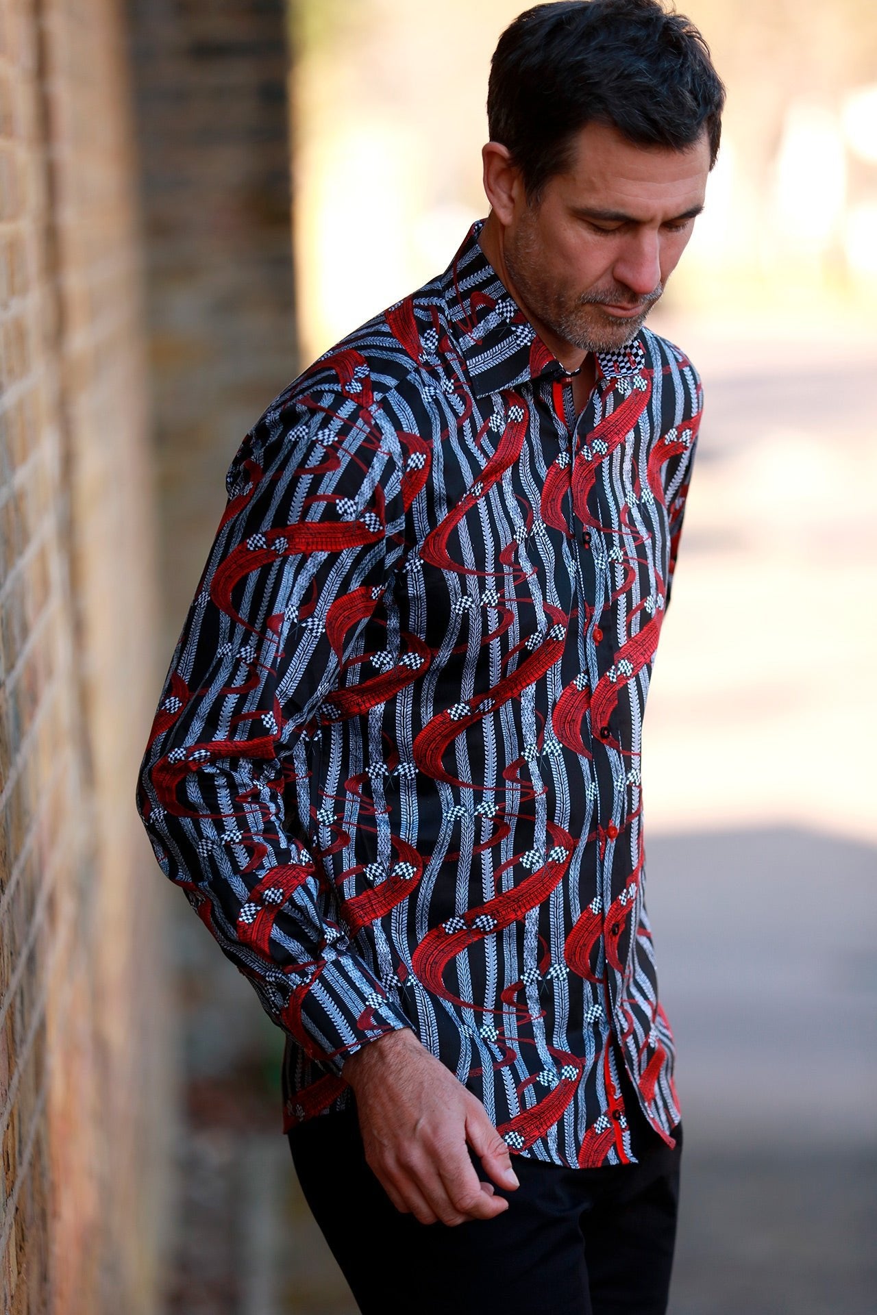TYRE TRACK AND RACING FLAGS PRINT SHIRT - Claudio Lugli Shirts