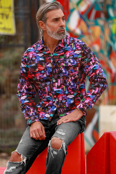 Vegas at Night Print Denim Shacket | Claudio Lugli – Claudio Lugli