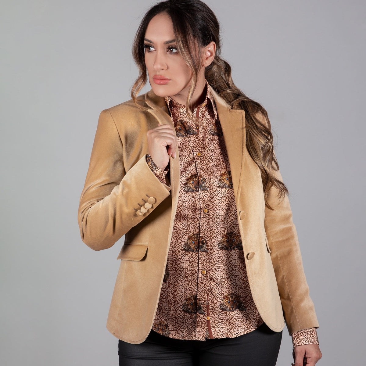 Claudio Lugli California Velvet Womens Jacket, golden tan jacket, front view over printed shirt