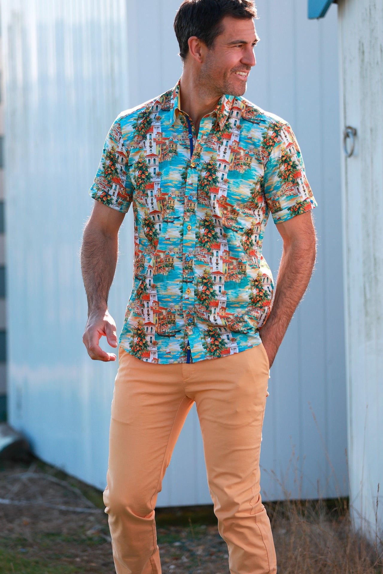 VENETIAN VIEWS & SUMMER HUES PRINTED SHORT SLEEVE SHIRT – Premium Men's Patterned Shirt by Claudio Lugli | Bold Design, Tailored Fit, Best Printed Shirts