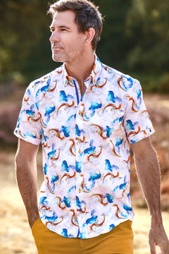 Claudio Lugli Watercolour Wash Print Short Sleeve Shirt, white watercolour shirt, front outfit with yellow trousers