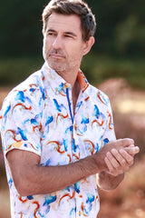 Claudio Lugli Watercolour Wash Print Short Sleeve Shirt, white watercolour shirt, front outdoor close-up