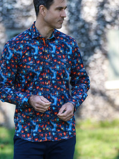 Whimsical Village Print Satin Cotton Shirt - Claudio Lugli Shirts