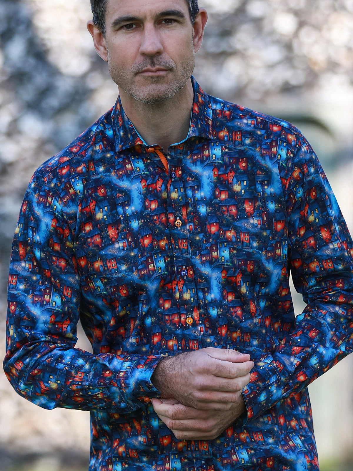 Whimsical Village Print Satin Cotton Shirt - Claudio Lugli Shirts