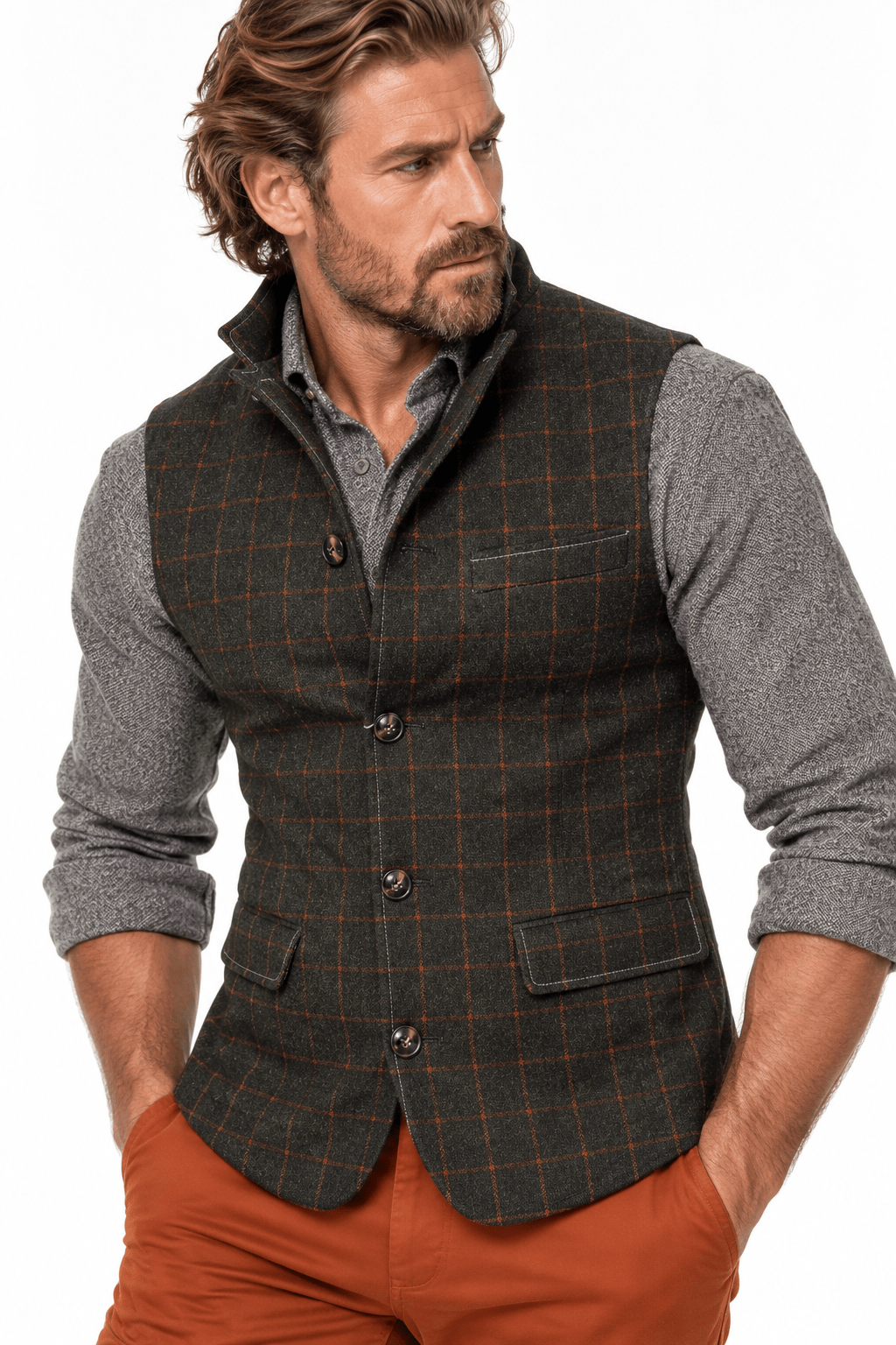 Windowpane Check Sleeveless Jacket - Charcoal - Claudio Lugli Shirts