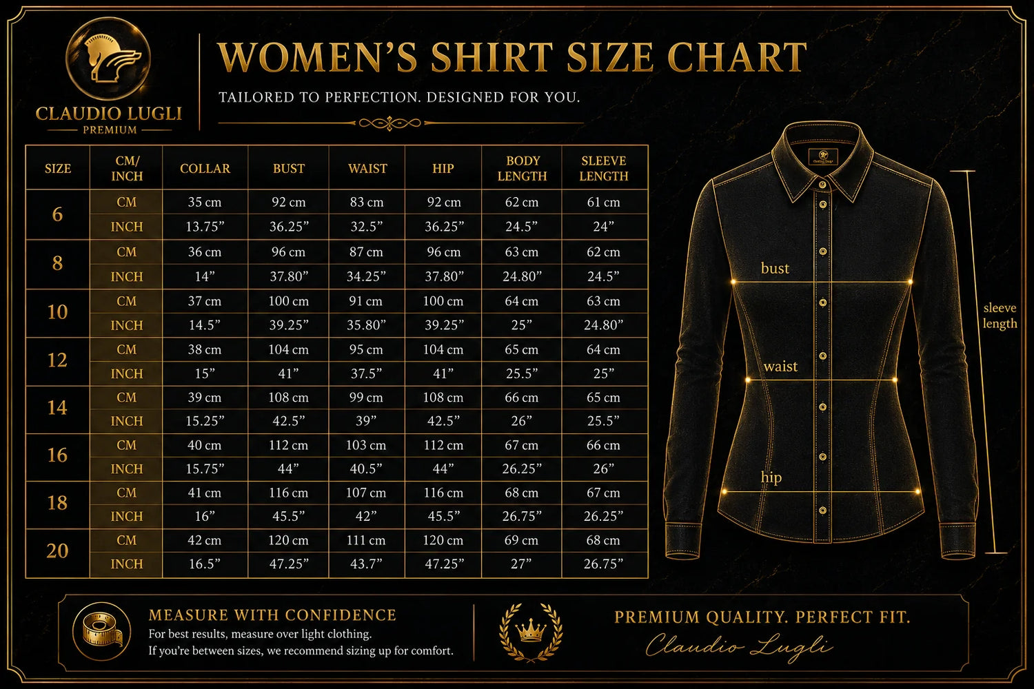 Claudio Lugli women's shirt size chart